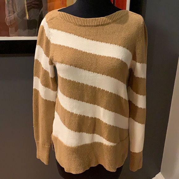 COPY - Ann Taylor diagonal stripe sweater in desert camel heather and white. Me… - Picture 3 of 6